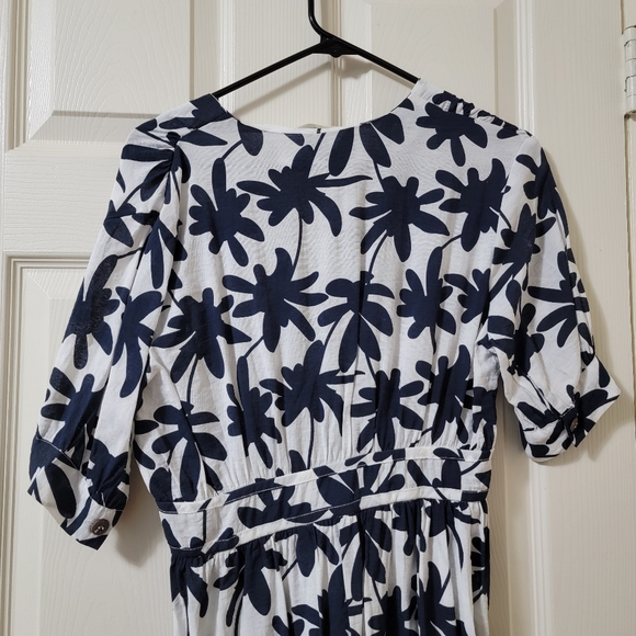 Blue and White Cuffed Midi Flower Print Dress - Picture 7 of 7